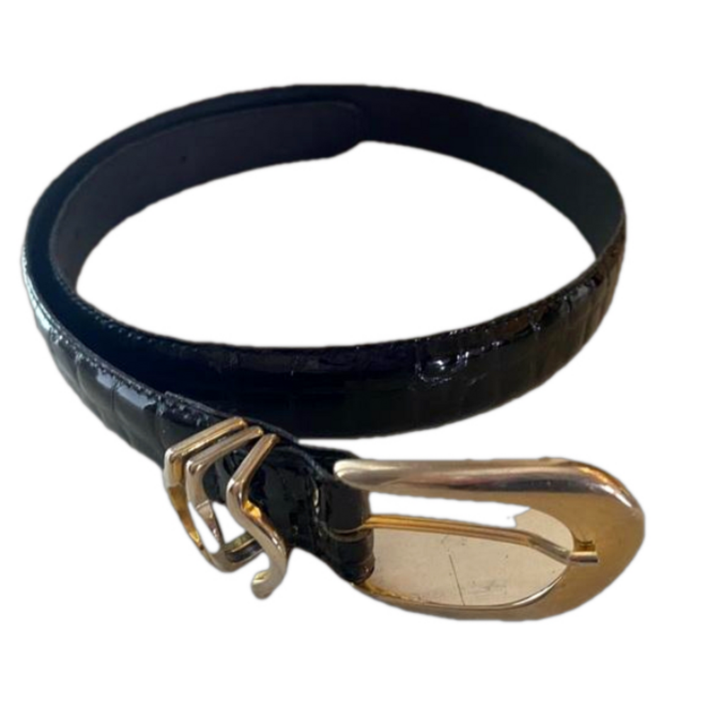 Kudos Black Croc Embossed Leather Belt Size 32 Chunky Silver Gold Buckle
